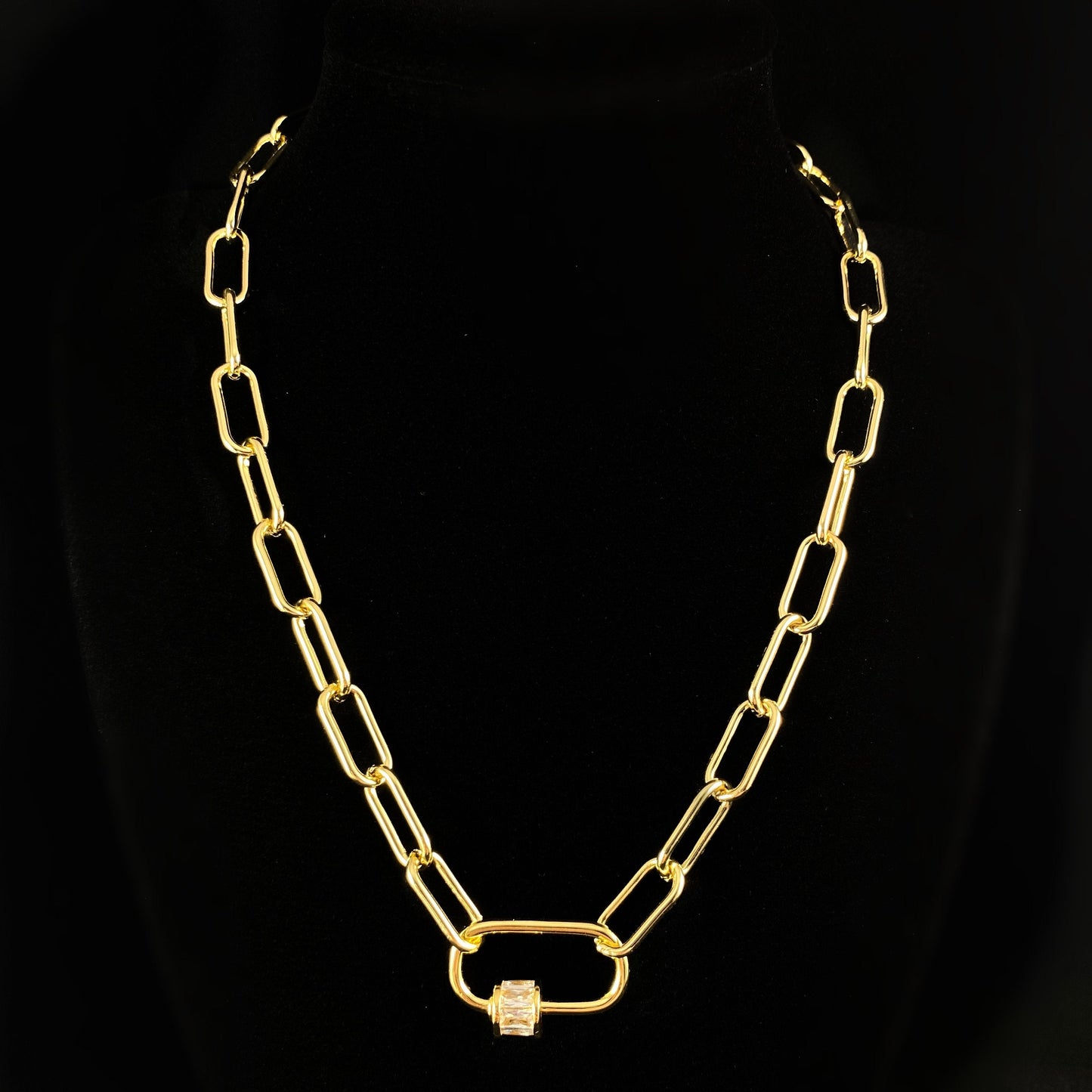 1920s Art Deco Gold Chain Necklace with CZ Crystal Focal Clasp - Locker Link