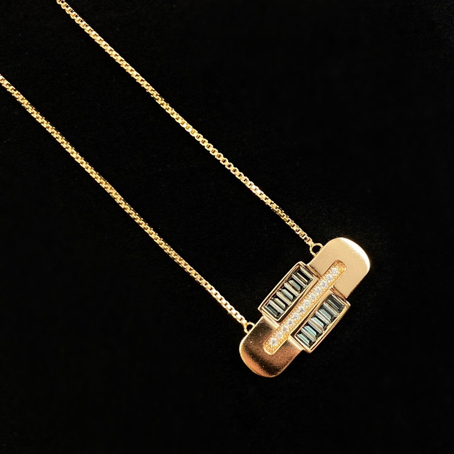 1920s Art Deco Necklace with Dainty Gold Pendant and Green CZ Crystal Accents - Century