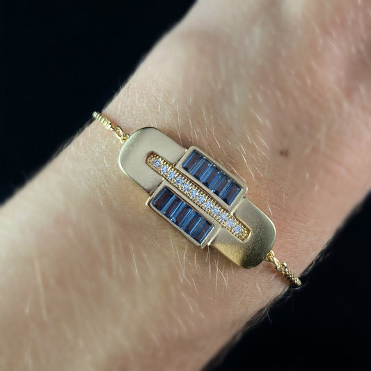 1920s Art Deco Sliding Chain Bracelet with Aqua and Clear Crystal Accents - Century