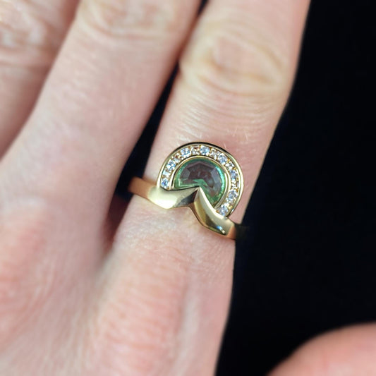 1920s Art Deco Style Gold Ring with Blue/Green and Clear Crystals - Daybreak, Size 7