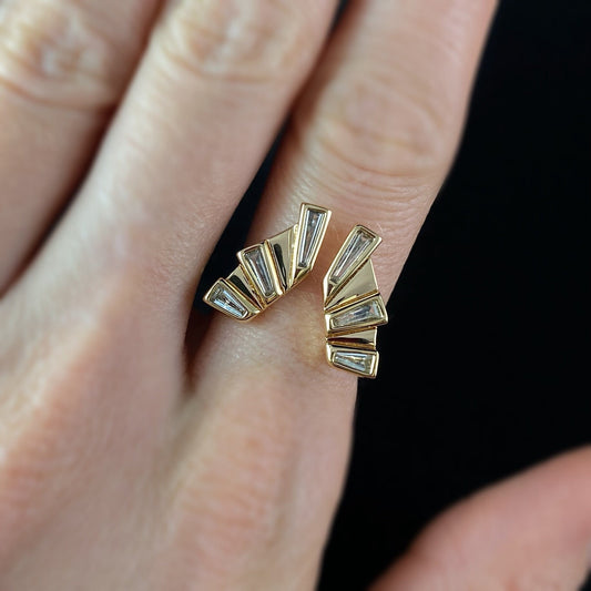 1920s Art Deco Style Gold Sunray Ring With Clear Stones - Size 7