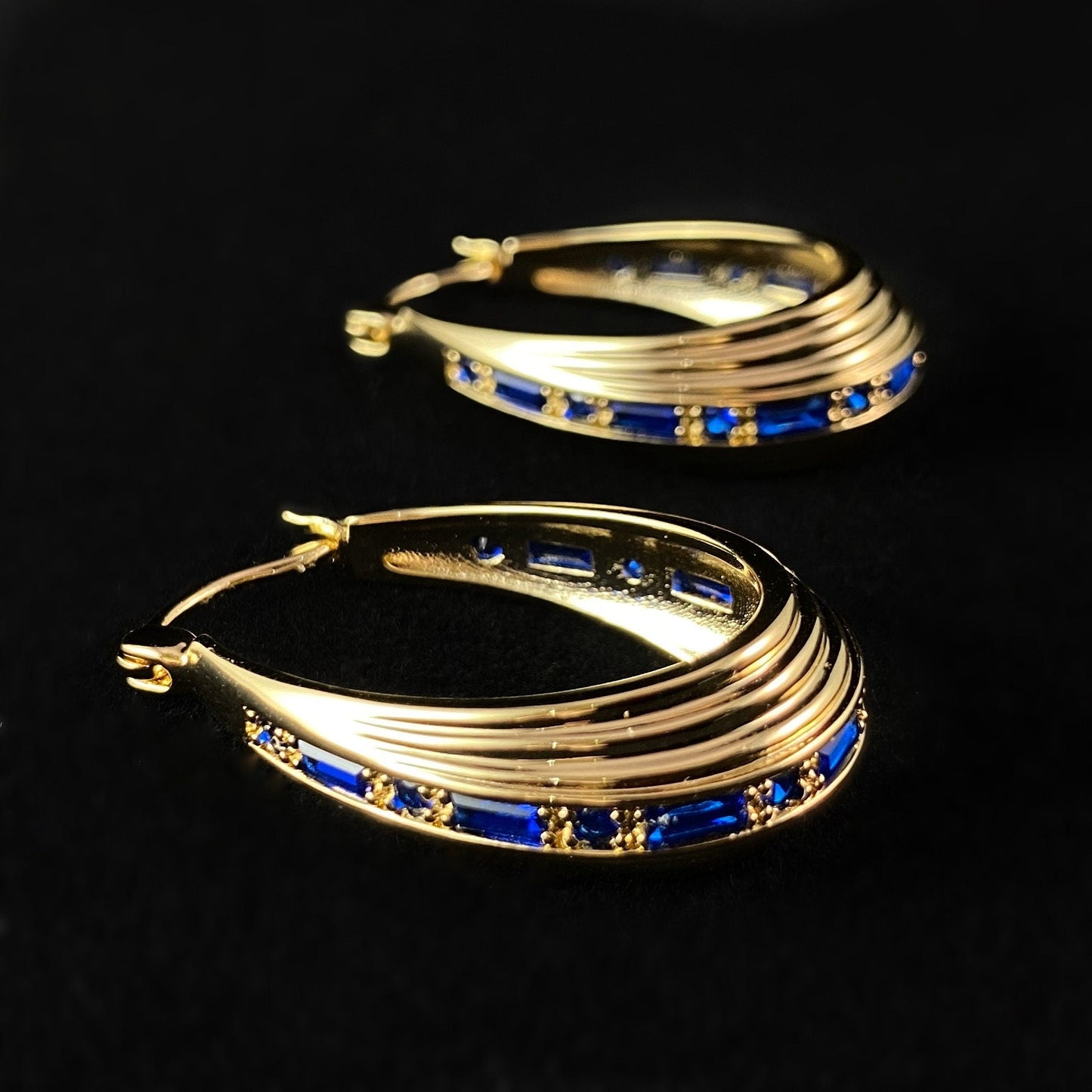 1920s Chunky Gold Statement Hoop Earrings with Sapphire CZ - Inner Light