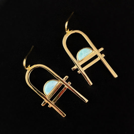 1920s Gold Abstract Statement Earrings with Blue Larimar Stone Accents - Carlyle