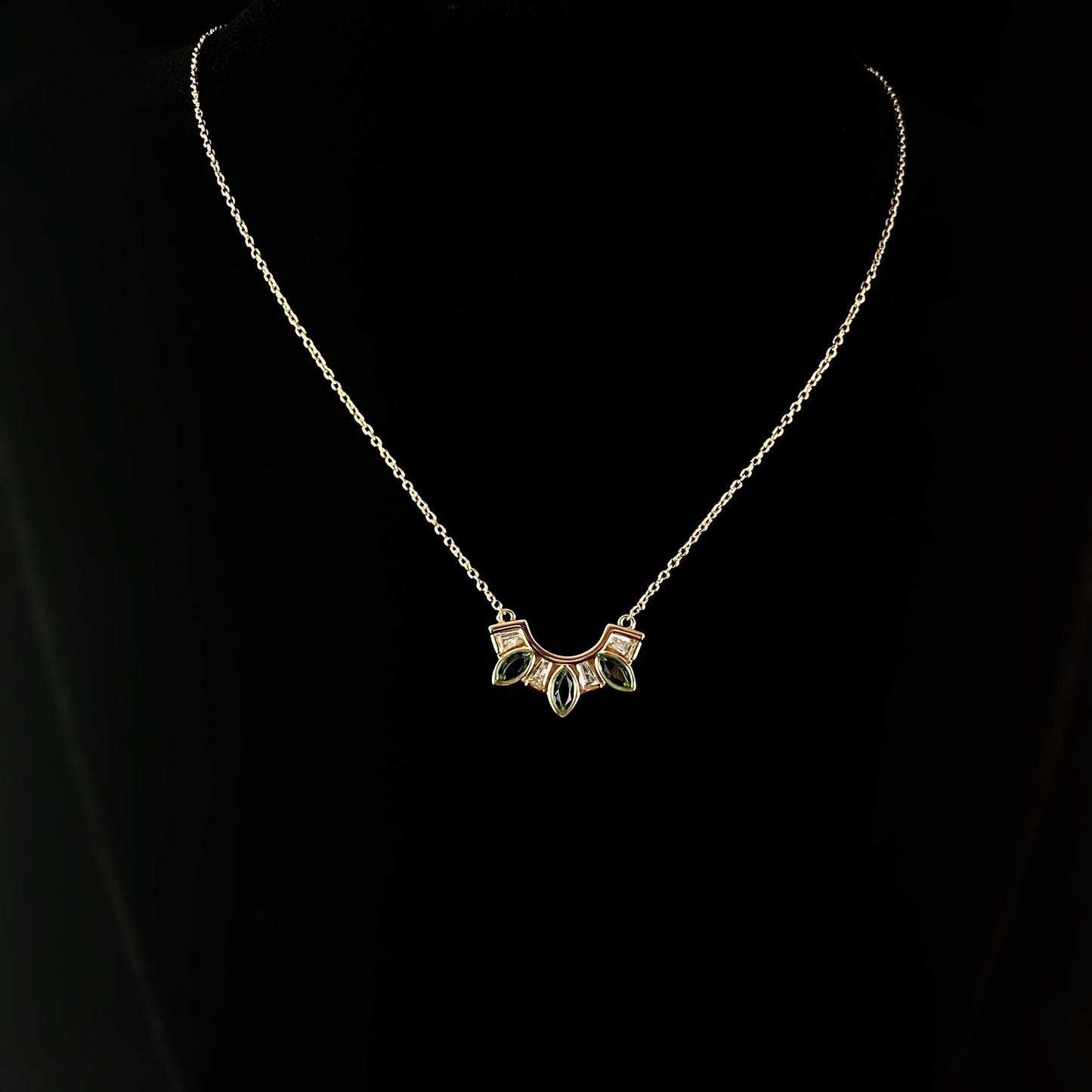 1920s Gold Art Deco Arc Necklace with Green and Clear Crystals - Seven Wonders