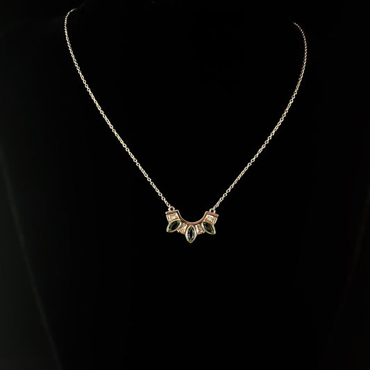1920s Gold Art Deco Arc Necklace with Green and Clear Crystals - Seven Wonders