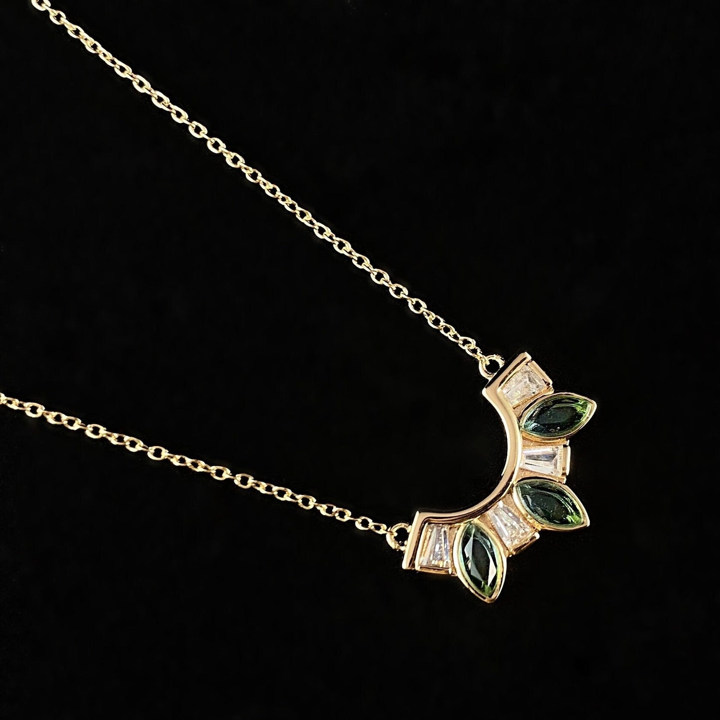 1920s Gold Art Deco Arc Necklace with Green and Clear Crystals - Seven Wonders