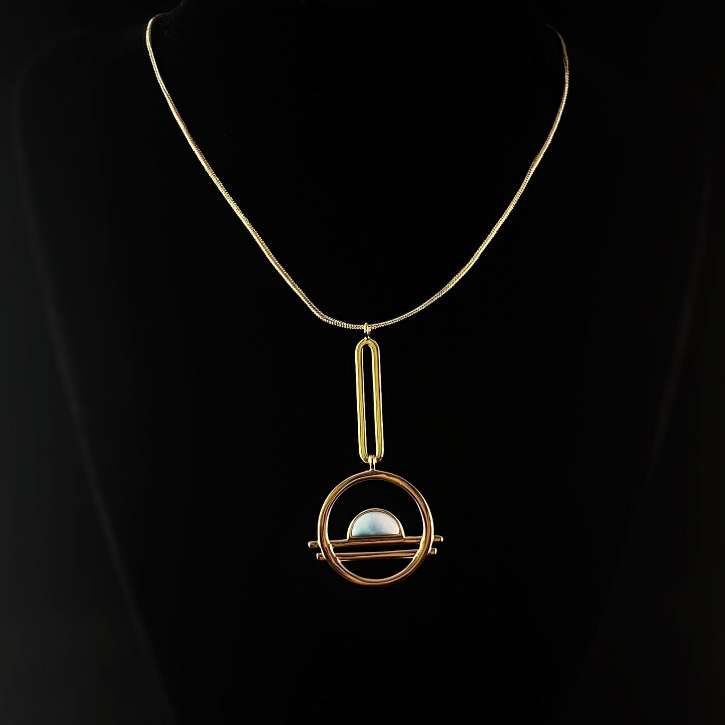 1920s Gold Art Deco Necklace with Natural Blue Larimar Stone - Ocean Drive