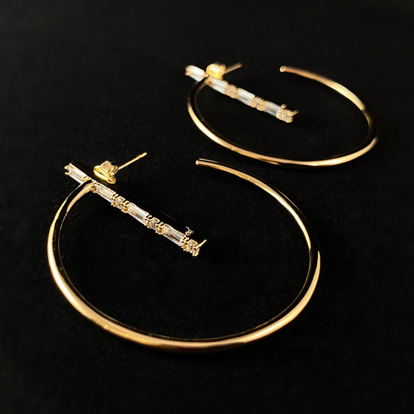 1920s Large Gold Baguette Bar Hoop Earrings