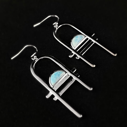 1920s Silver Abstract Statement Earrings with Blue Larimar Stone Accents - Carlyle