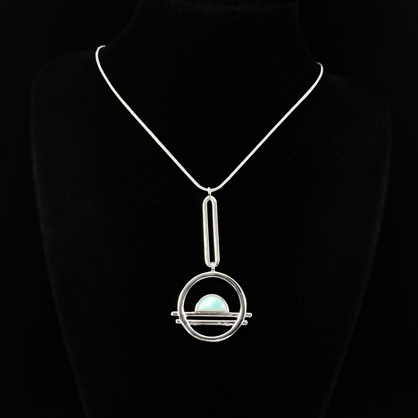 1920s Silver Art Deco Necklace with Natural Blue Larimar Stone - Ocean Drive