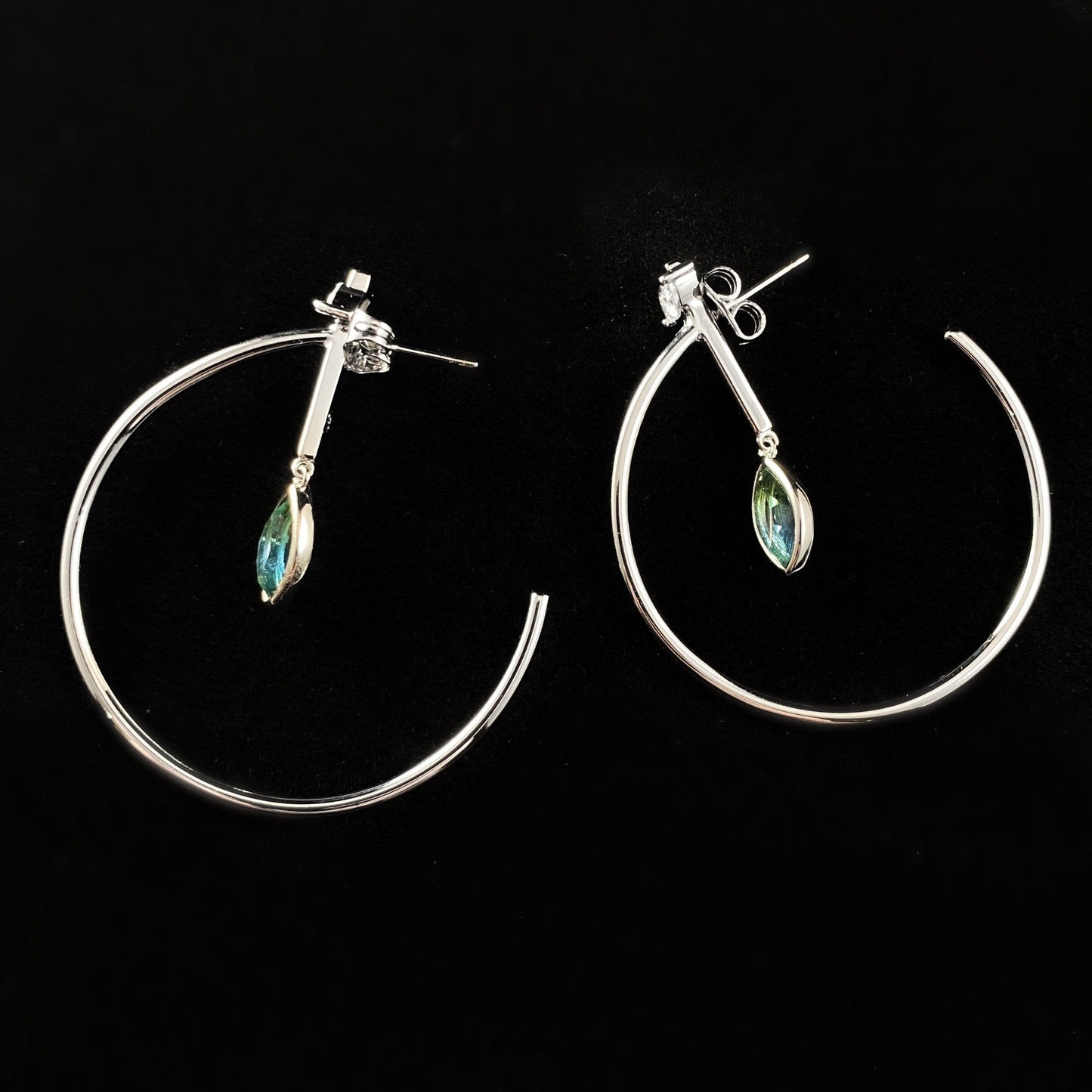 1920s Silver Statement Hoops Earrings with Green Marquise Quartz Stone - Ocean Marquise