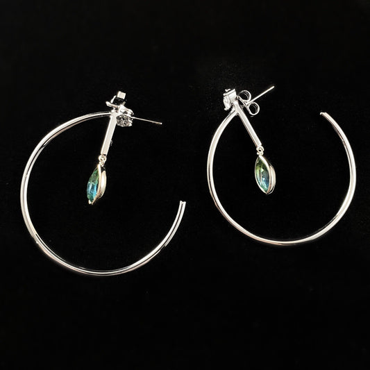 1920s Silver Statement Hoops Earrings with Green Marquise Quartz Stone - Ocean Marquise