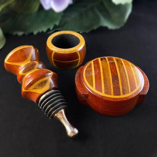 3 Piece Wooden Wine Bottle Stopper, Foil Cutter, and Drip Catcher Set - Wine Gift Set