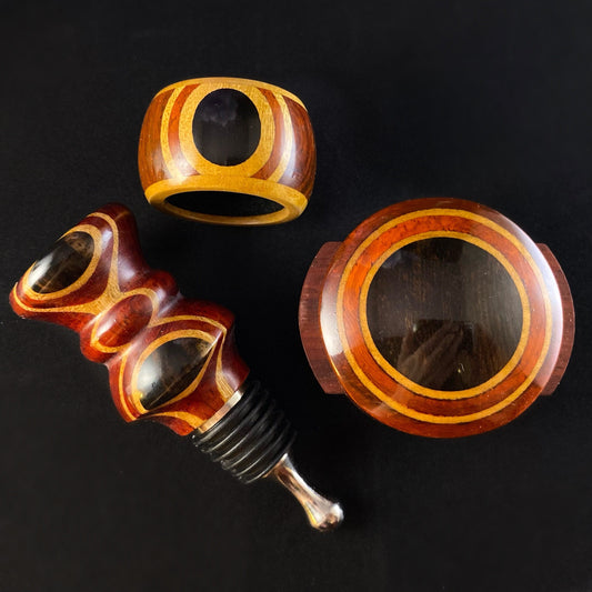 3 Piece Wooden Wine Bottle Stopper, Foil Cutter, and Drip Catcher Set - Wine Gift Set