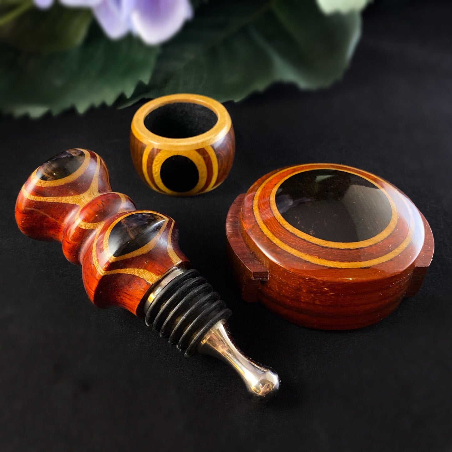 3 Piece Wooden Wine Bottle Stopper, Foil Cutter, and Drip Catcher Set - Wine Gift Set