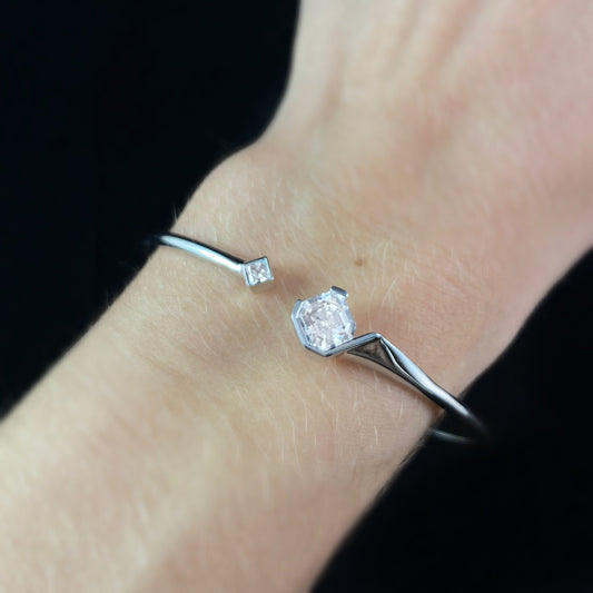 925 Sterling Silver and Asscher Cut CZ Stone Cuff Bracelet - Elle Jewelry