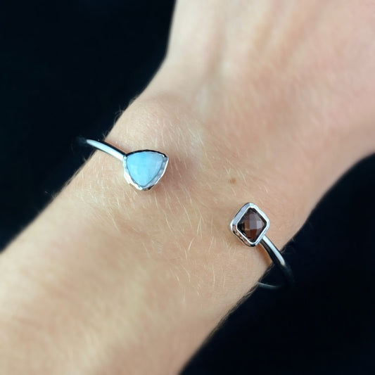 925 Sterling Silver Cuff Bracelet with Green and Smoky Quartz - Elle Jewelry