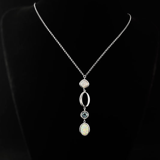Long 925 Sterling Silver with Opal, Blue Lace Agate, and Blue Topaz Pendant Necklace - Elle Jewelry