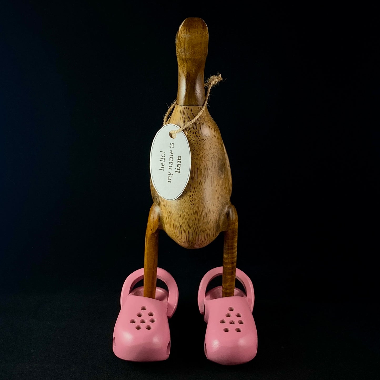 Liam - Hand-carved and Hand-painted Bamboo Duck with Pink Crocs