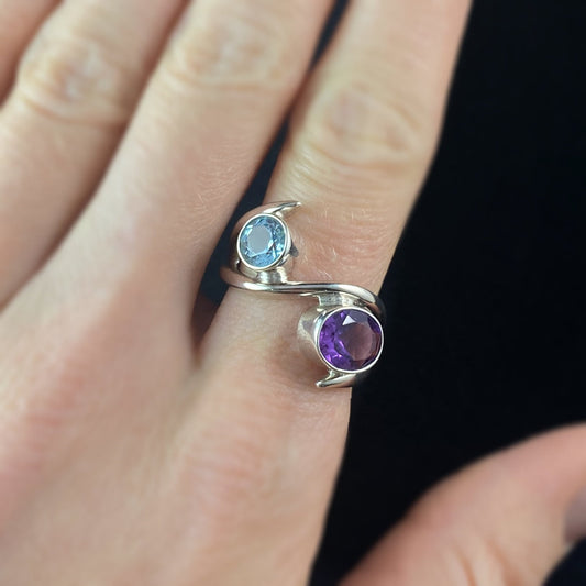 Amethyst and Blue Topaz Handmade Sterling Silver Ring -Designs by Monica, Size 7