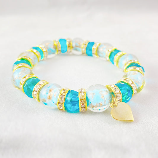 Aqua Blue Beaded Venetian Glass Bracelet - Handmade in Italy, Colorful Murano Glass