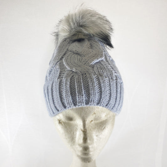 Baby Blue Winter Beanie With Pompom - Made From Italian Wool, Acrylic Yarn, and Faux Fur