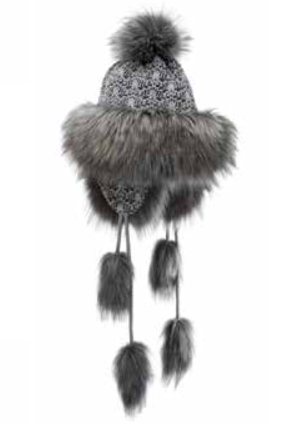 Bajka Style Charcoal Winter Hat With Flaps and Pom Poms