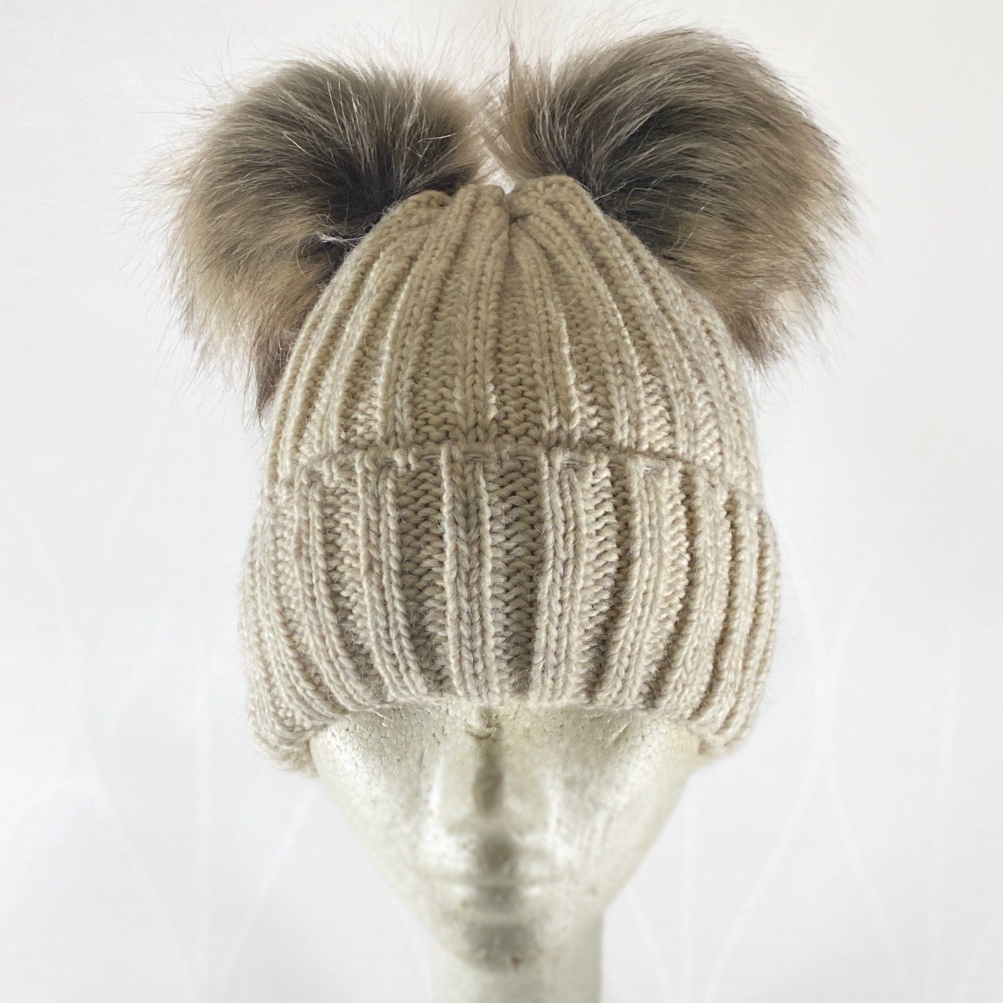 Beige and Brown Winter Beanie With Dual Pompoms - Made From Italian Wool, Acrylic Yarn, and Faux Fur