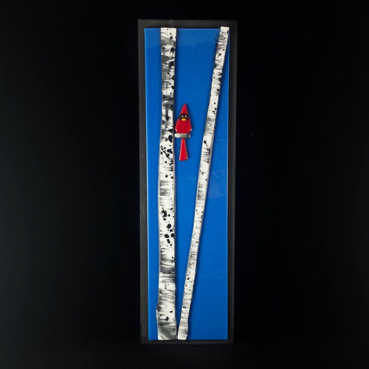 Birch Tree and Cardinal Handmade Glass Wall Decor, Blue - Made in USA