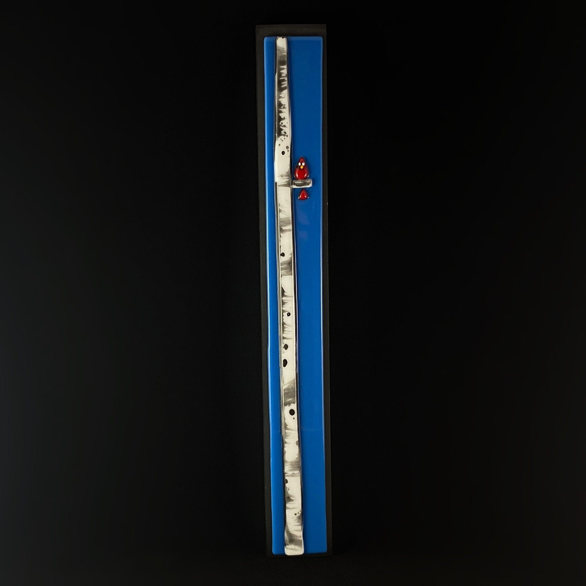 Birch Tree and Cardinal Handmade Glass Wall Decor, Blue- Made in USA