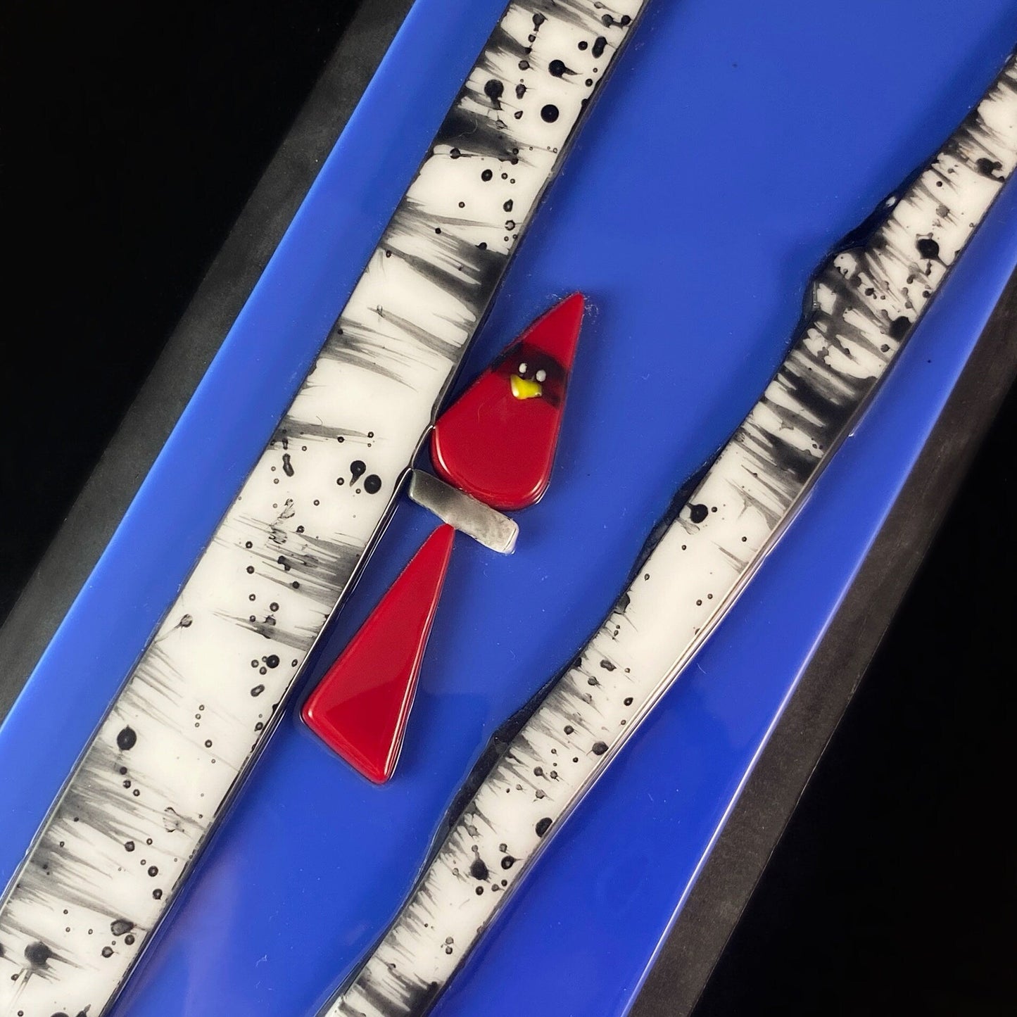 Birch Tree and Cardinal Handmade Glass Wall Decor, Bright Blue - Made in USA