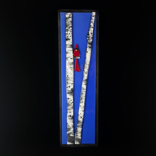 Birch Tree and Cardinal Handmade Glass Wall Decor, Bright Blue - Made in USA