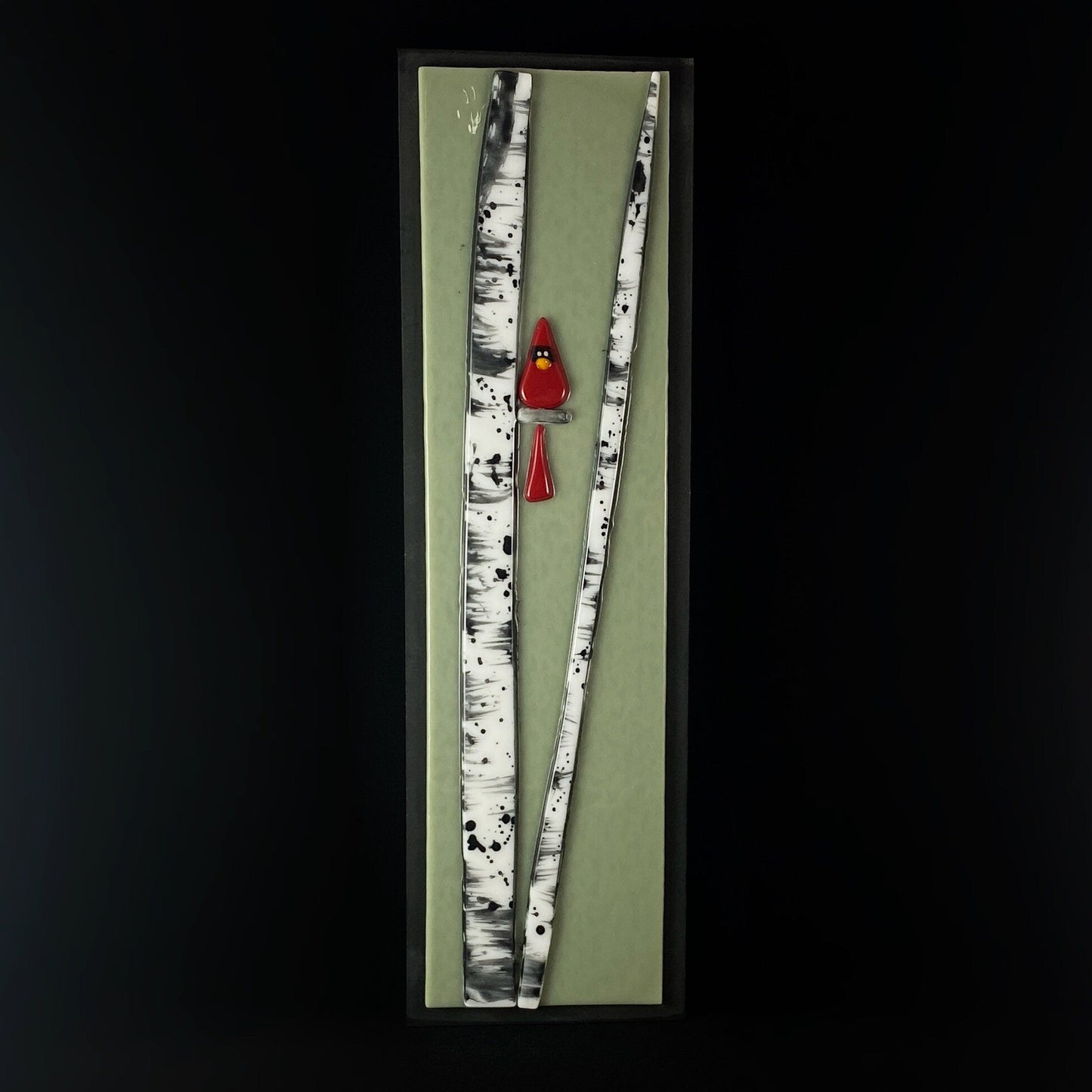 Birch Tree and Cardinal Handmade Glass Wall Decor, Light Green - Made in USA