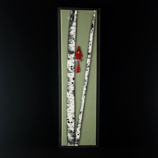 Birch Tree and Cardinal Handmade Glass Wall Decor, Light Green - Made in USA