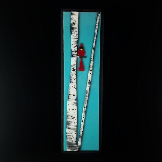 Birch Tree and Cardinal Handmade Glass Wall Decor, Sky Blue - Made in USA