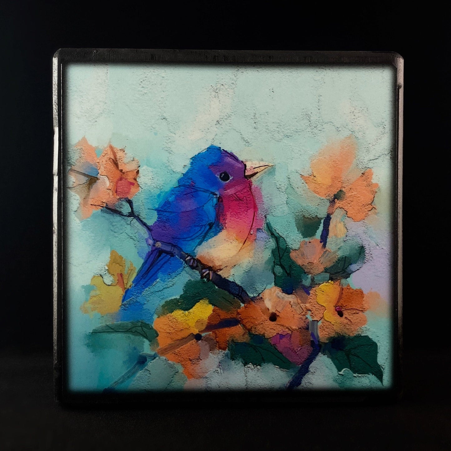 Bird on a Branch with Peachy Orange Florals, Art Block - Unique Home/Office Decor