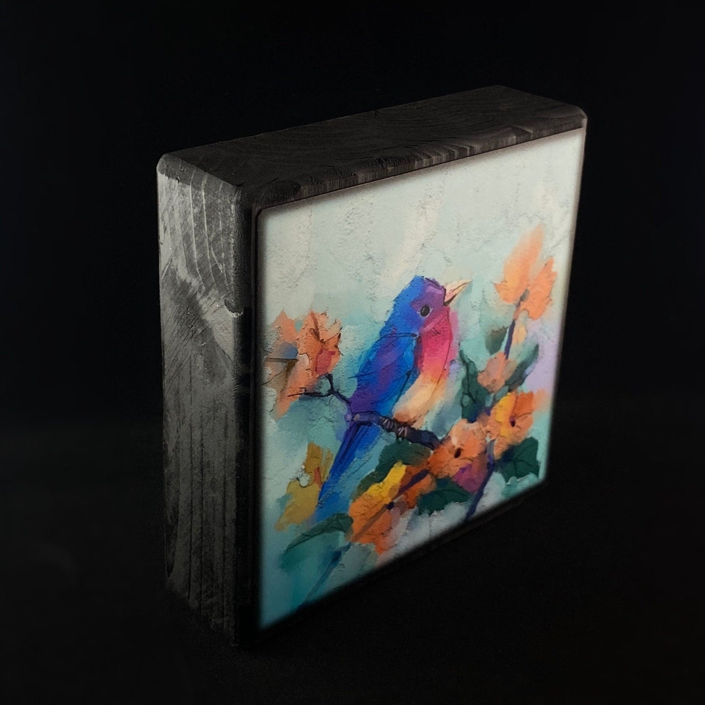 Bird on a Branch with Peachy Orange Florals, Art Block - Unique Home/Office Decor