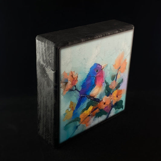 Bird on a Branch with Peachy Orange Florals, Art Block - Unique Home/Office Decor