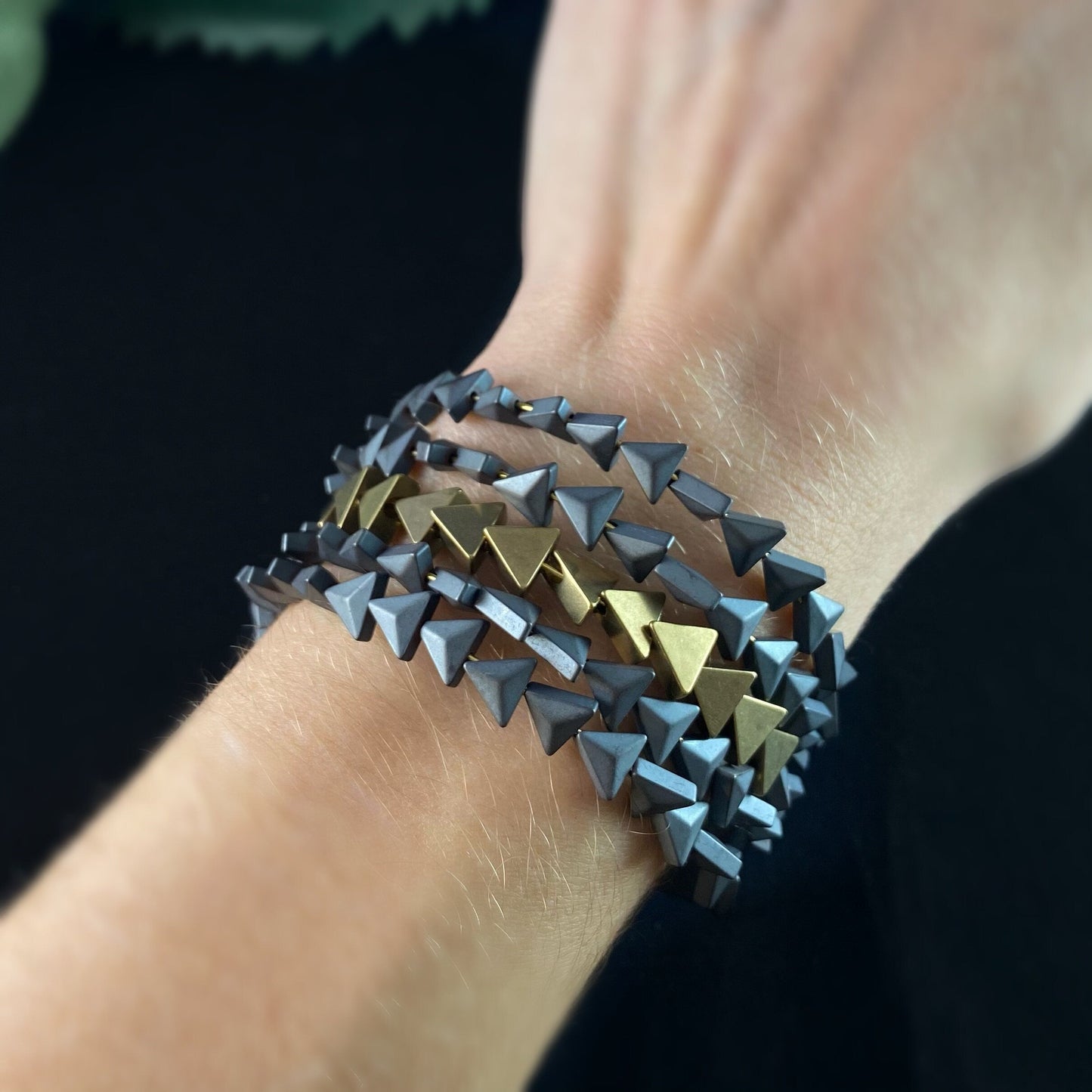 Black and Gold Geometric Art Deco Style Bracelet - Hematite and Brass - David Aubrey Jewelry