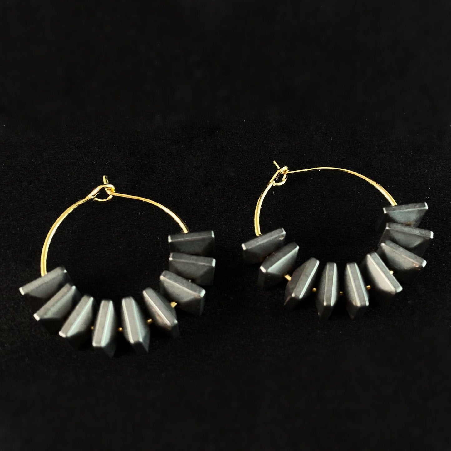 Black Beaded Hoop Earrings - 18kt Gold Over Brass with Hematite, David Aubrey Jewelry