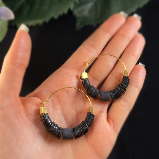 Black Beaded Hoop Earrings - 18kt Gold Over Brass with Vulcanite and Black Agate, David Aubrey Jewelry