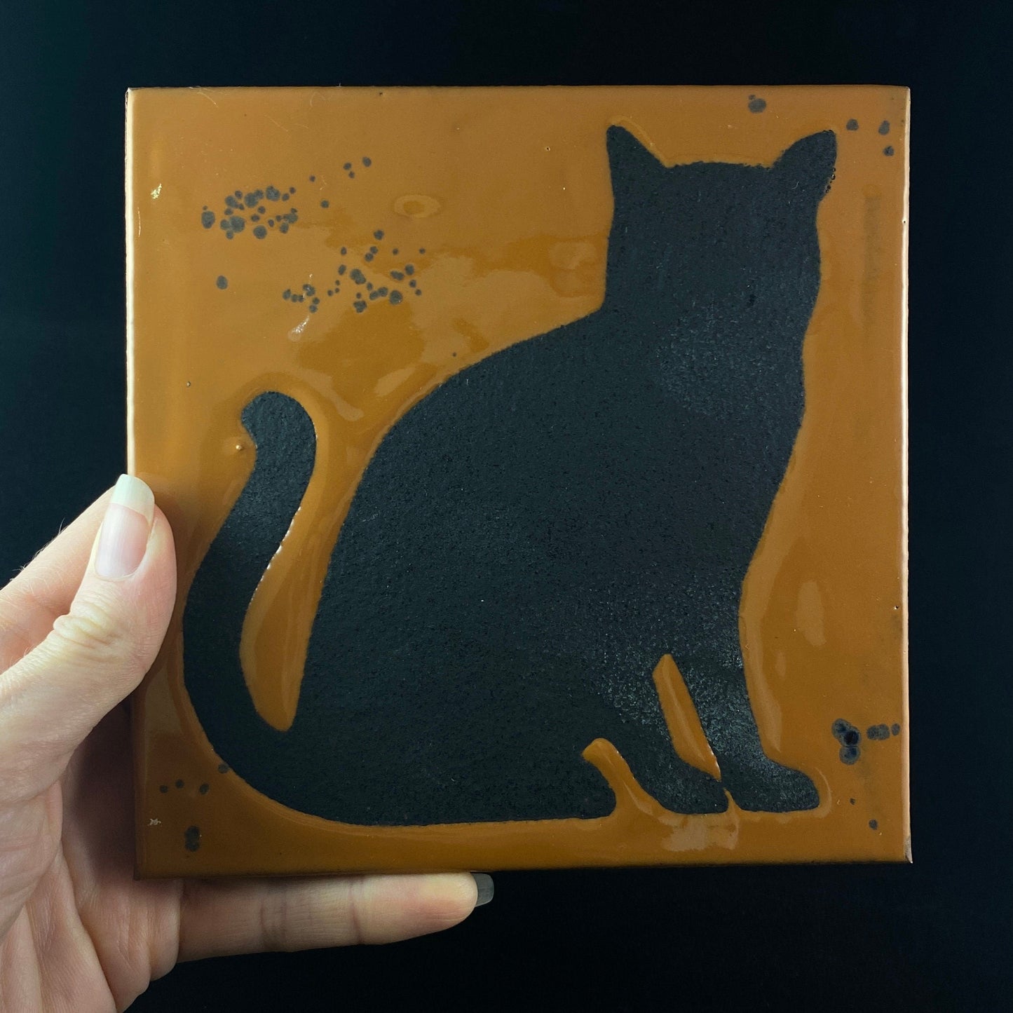 Black Cat Handmade Glazed Tile, Made in USA - Wall Decor, Table Decor, Trivet