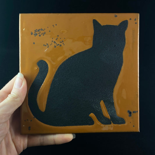 Black Cat Handmade Glazed Tile, Made in USA - Wall Decor, Table Decor, Trivet