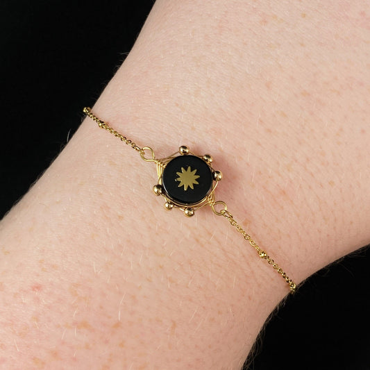 Black Circle Natural Stone Bracelet with Gold Chain Band and Wire Wrapped Setting