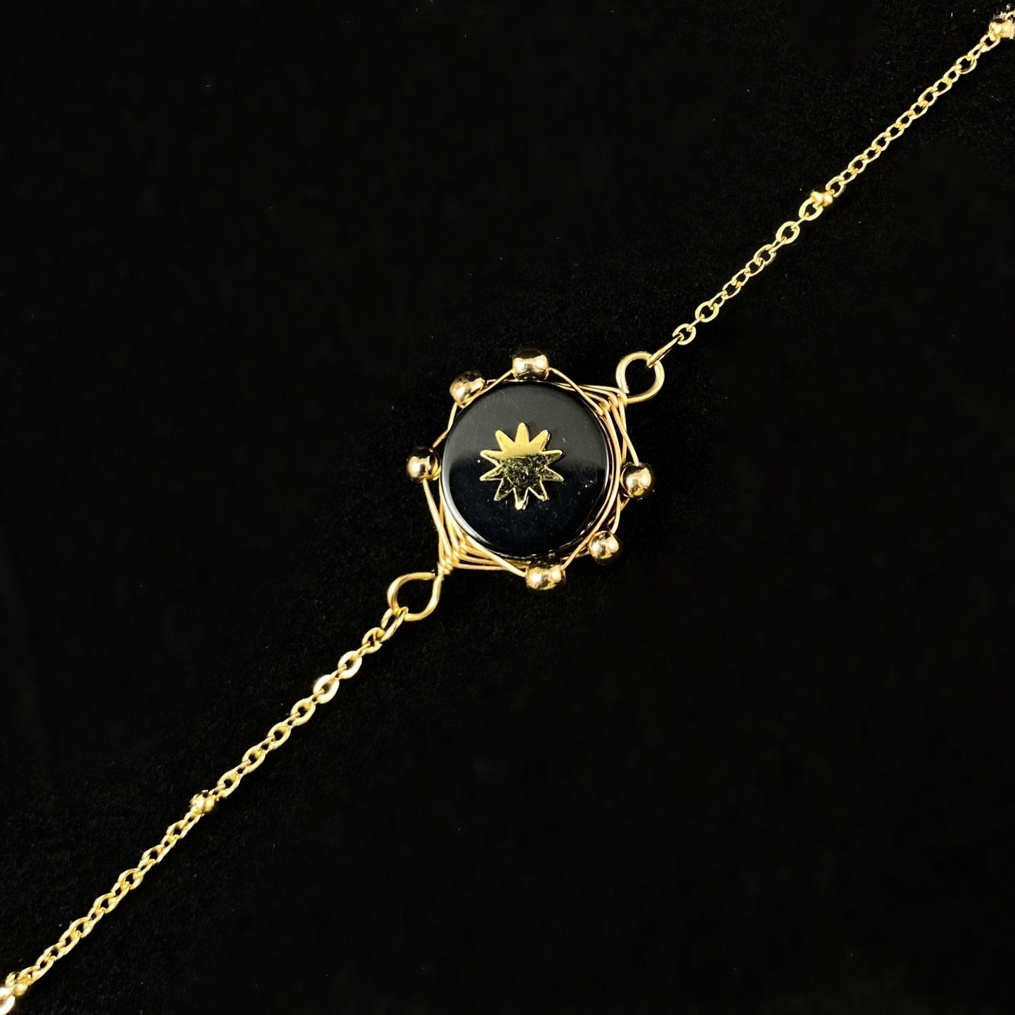 Black Circle Natural Stone Bracelet with Gold Chain Band and Wire Wrapped Setting