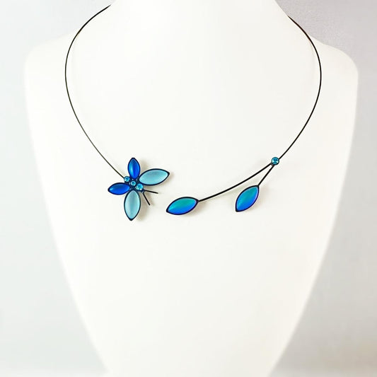 Black Memory Wire Butterfly Necklace with Handmade Glass Beads, Hypoallergenic, Blues - Kristina