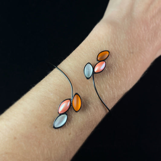 Black Memory Wire Floral Bracelet with Handmade Glass Beads, Hypoallergenic, Dk White/OrangePearl/Orange - Kristina