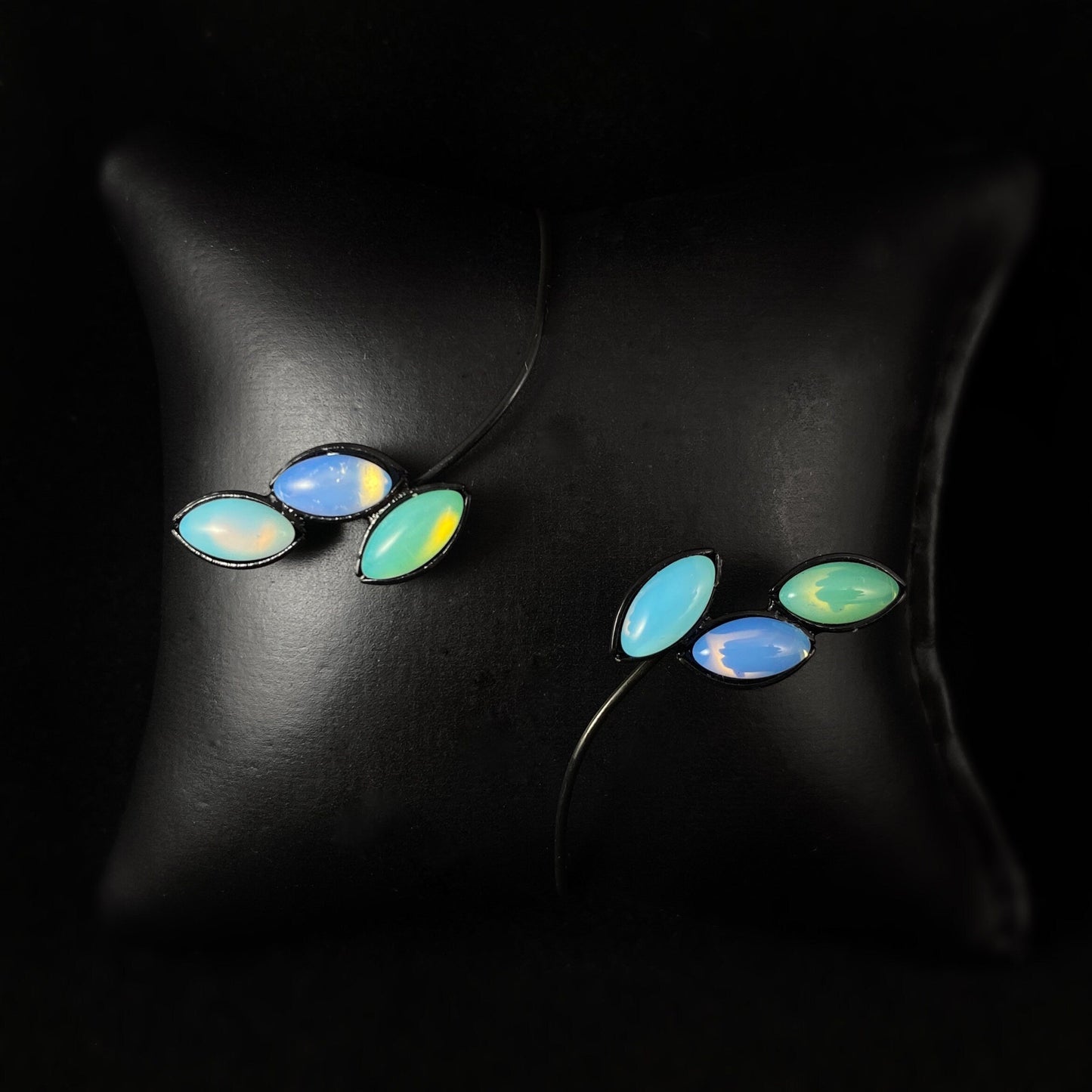 Black Memory Wire Floral Bracelet with Handmade Glass Beads, Hypoallergenic, Shiny Blue Opals/Green Opal - Kristina