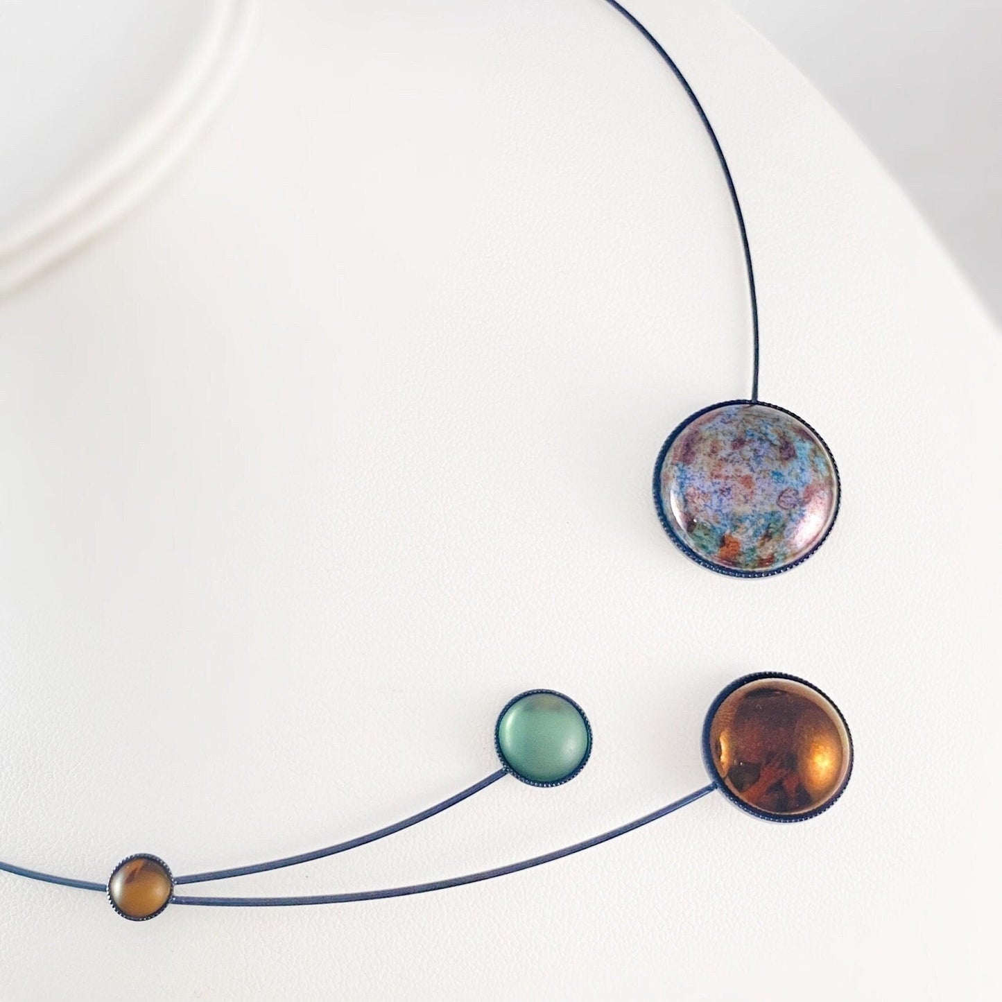Black Memory Wire Floral Circle Necklace with Handmade Glass Beads, Hypoallergenic, Sage Green/Copper/Multi - Kristina
