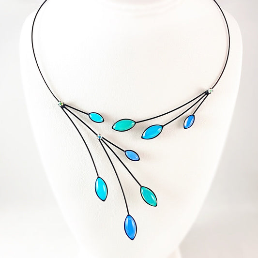 Black Memory Wire Floral Necklace with Handmade Glass Beads, Hypoallergenic, Shiny Blue Opals/Green Opal - Kristina